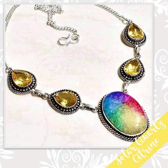 Rainbow Solar Quartz, Citrine Silver Necklace (Yellow, Green, Blue, Purple, Red) - Picture 2 of 2
